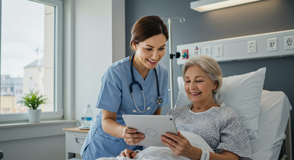 Nurse showing tablet to senior patient in hospital bed recovery care healthcare service Nurse showing tablet to senior patient in hospital bed recovery care healthcare service